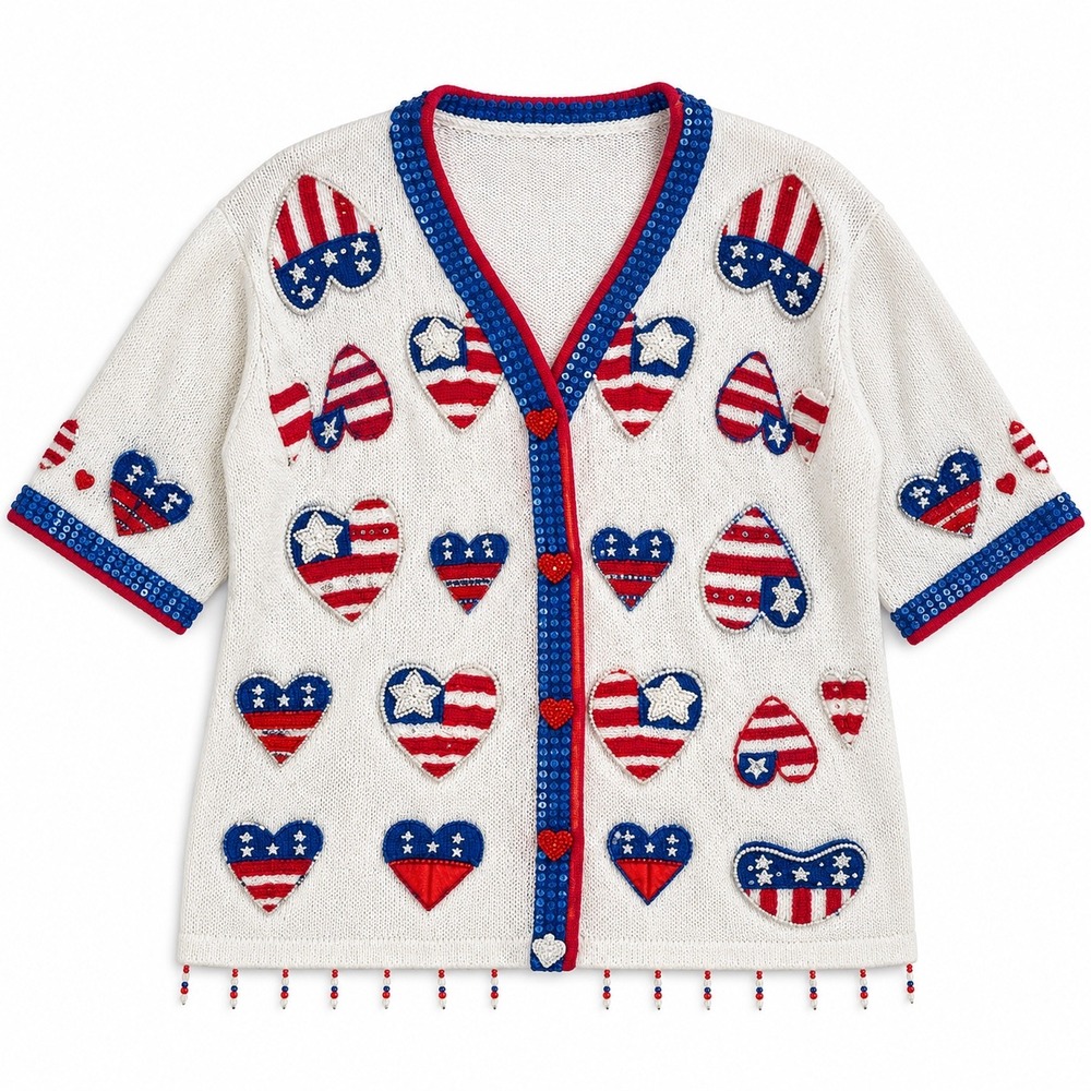 Berek Patriotic Heart Sequin Cardigan Sweater Womens Size XL White Americana USA